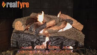 Real Fyre video: Charred Majestic Oak with G45 burner — 24" shown. Size and configuration may vary.