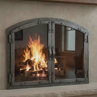 Old World - Arch Masonry Distressed Steel Fireplace Glass Do — fire animation (loop)