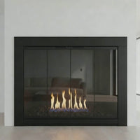 Medio Flat Black Masonry Fireplace Door | Custom Size — fire animation (loop)