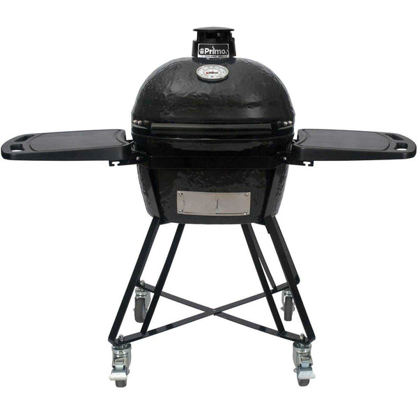 Primo All-In-One Oval Junior 200 ceramic kamado grill with cradle, side shelves, and stainless steel grates