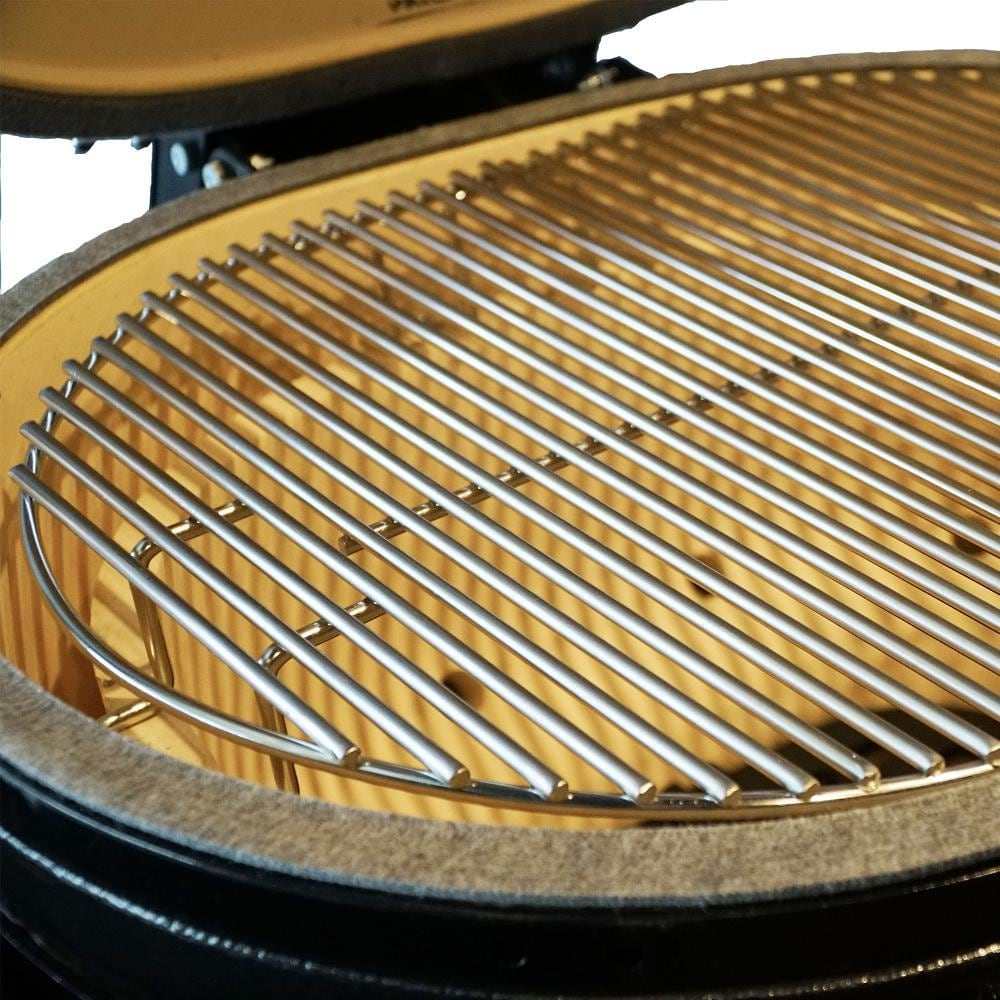 Primo All-In-One Oval Large 300 Ceramic Kamado Grill With Cradle, Side Shelves, And Stainless Steel Grates - ExceptionalFire