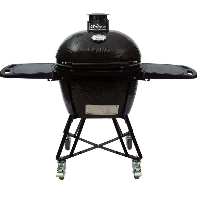 Primo All-In-One Oval Large ceramic kamado grill with cradle, side shelves, and stainless steel grates