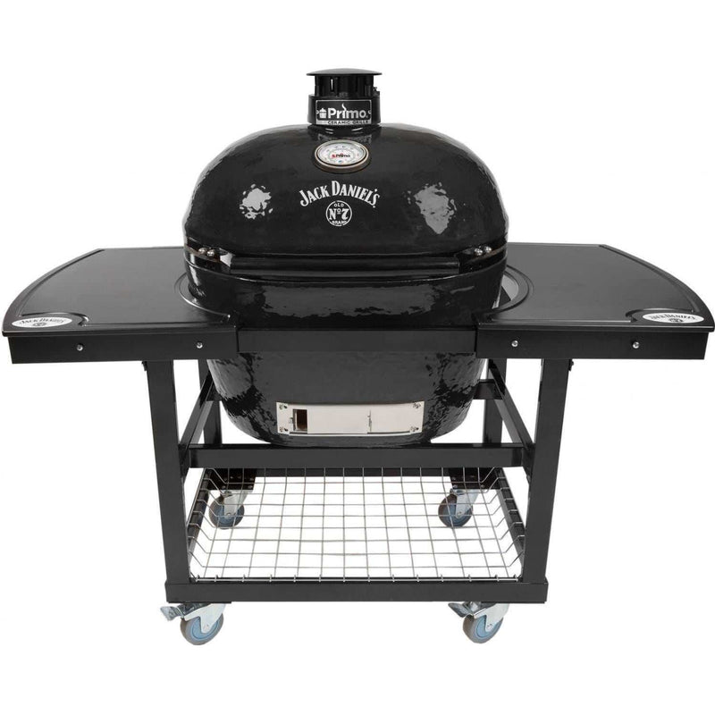 Primo Jack Daniels Edition Oval XL ceramic kamado grill on steel cart with side shelves and stainless steel grates