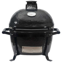 Primo Oval Junior 200 ceramic kamado grill with stainless steel grates on GO portable carrier