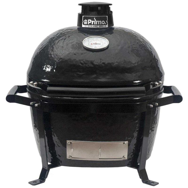 Primo Oval Junior 200 ceramic kamado grill with stainless steel grates on GO portable carrier