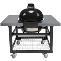 Primo Oval Junior 200 ceramic kamado grill on steel cart with stainless steel grates and side tables