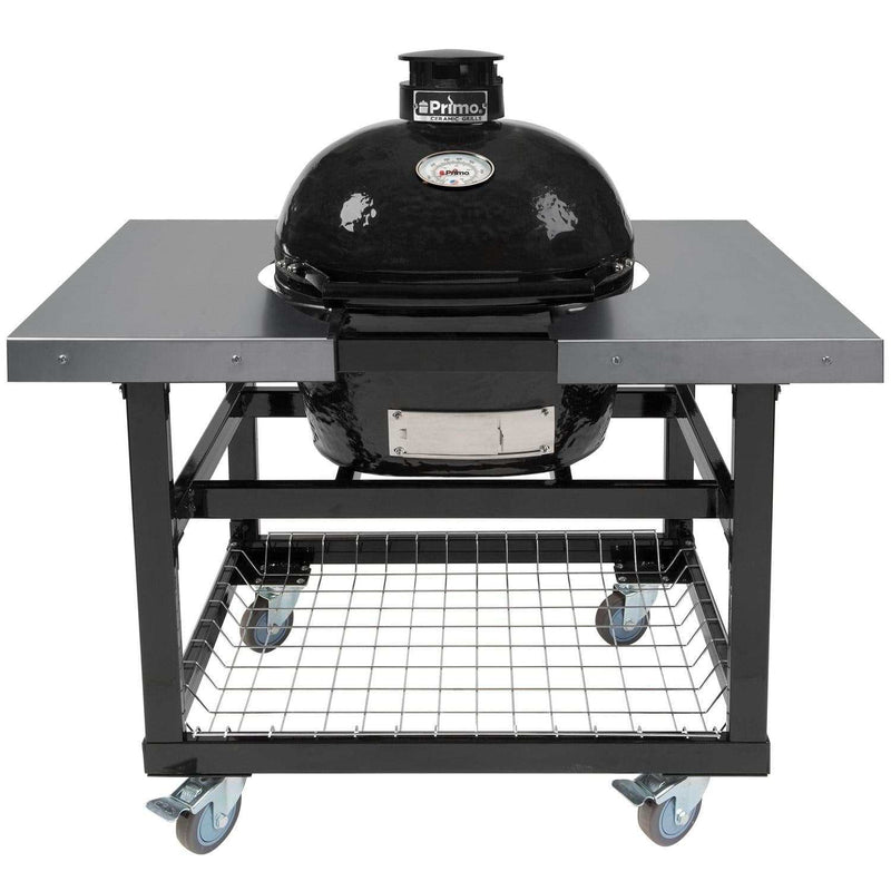 Primo Oval Junior 200 ceramic kamado grill on steel cart with stainless steel grates and side tables
