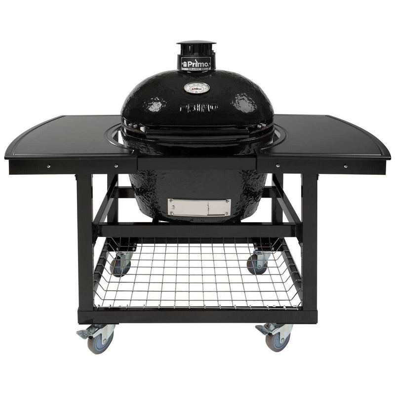 Primo Oval Large 300 ceramic kamado grill on steel cart with side shelves and stainless steel grates