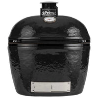 Primo Oval Large 300 ceramic kamado grill with stainless steel grates and oval shape for versatile charcoal cooking