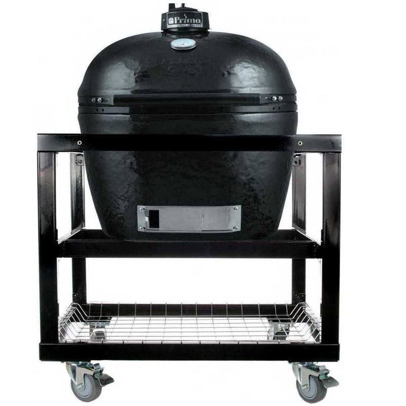 Primo Oval XL 400 Ceramic Kamado Grill on cart with stainless steel grates and powder-coated steel frame