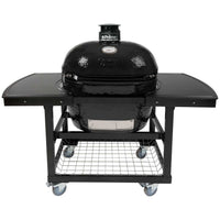 Primo Oval XL 400 ceramic kamado grill on steel cart with side shelves and stainless steel grates