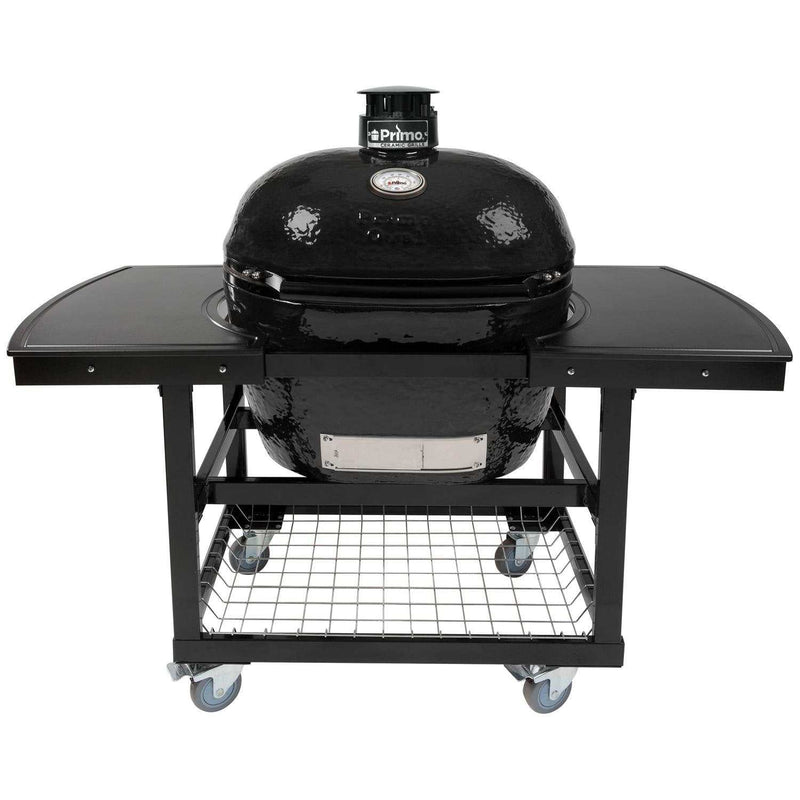 Primo Oval XL 400 Ceramic Kamado Grill on steel cart with side shelves and stainless steel grates