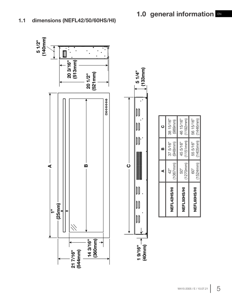 Napoleon Purview 60 dimension diagram — use NEFL60HI row in manufacturer table