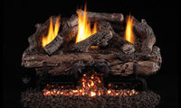 Real Fyre 24" Peterson Charred Aged Split Outdoor Ventless Gas Logs — original product reference. Arrangement and burner hardware vary by selected size and configuration.