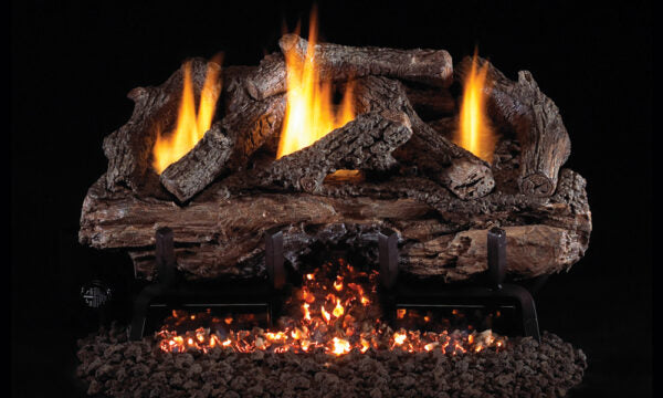 Real Fyre 30" Peterson Charred Aged Split Refractory Ventless Gas Logs — original product reference. Arrangement and burner hardware vary by selected size and configuration.