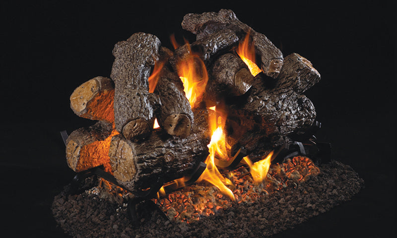 Real Fyre 30" Charred Royal English Oak See-Through Vented Gas Log Set — original product reference. Arrangement and burner hardware vary by selected size and configuration.