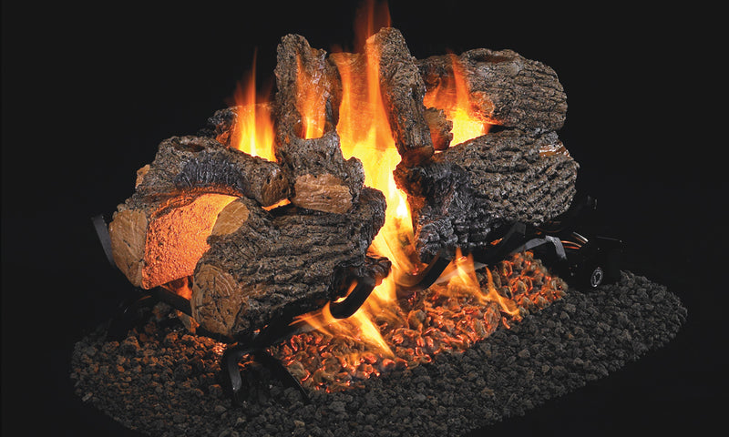 Real Fyre 16" Charred Oak See-Through Vented Gas Log Set — original product reference. Arrangement and burner hardware vary by selected size and configuration.
