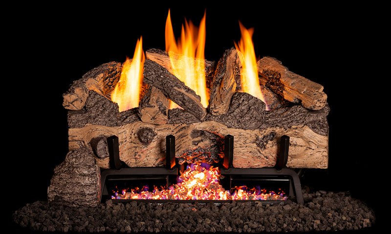 Real Fyre 24" Charred Gnarled Split Vent-Free Gas Log Set — original product reference. Arrangement and burner hardware vary by selected size and configuration.