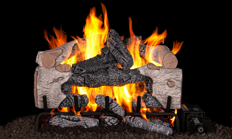 Real Fyre 18" Charred Cinder Birch Vented Gas Log Set — original product reference. Arrangement and burner hardware vary by selected size and configuration.