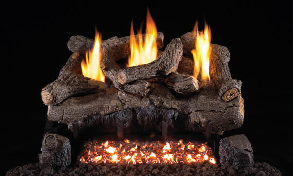 Real Fyre 30" Peterson Evening Fyre Ventless Gas Logs — original product reference. Arrangement and burner hardware vary by selected size and configuration.