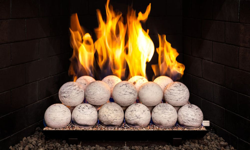 Real Fyre Carrera Marble 4-inch spheres — manufacturer color reference, not the exact 42-inch PB burner assembly; install 30 spheres, 32 supplied.