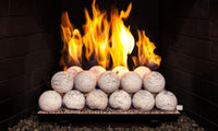 Real Fyre Carrera Marble 4-inch spheres — manufacturer color reference, not the exact 42-inch PB burner assembly; install 30 spheres, 32 supplied.