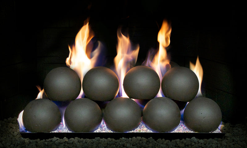 Real Fyre 30" 5-inch Epic Black Fyre Spheres Vented Set — original product reference. Arrangement and burner hardware vary by selected size and configuration.