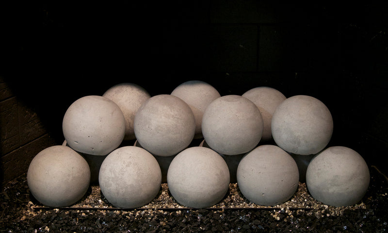 Real Fyre 18" 5-inch Graystone Fyre Spheres Vented Set — original product reference. Arrangement and burner hardware vary by selected size and configuration.