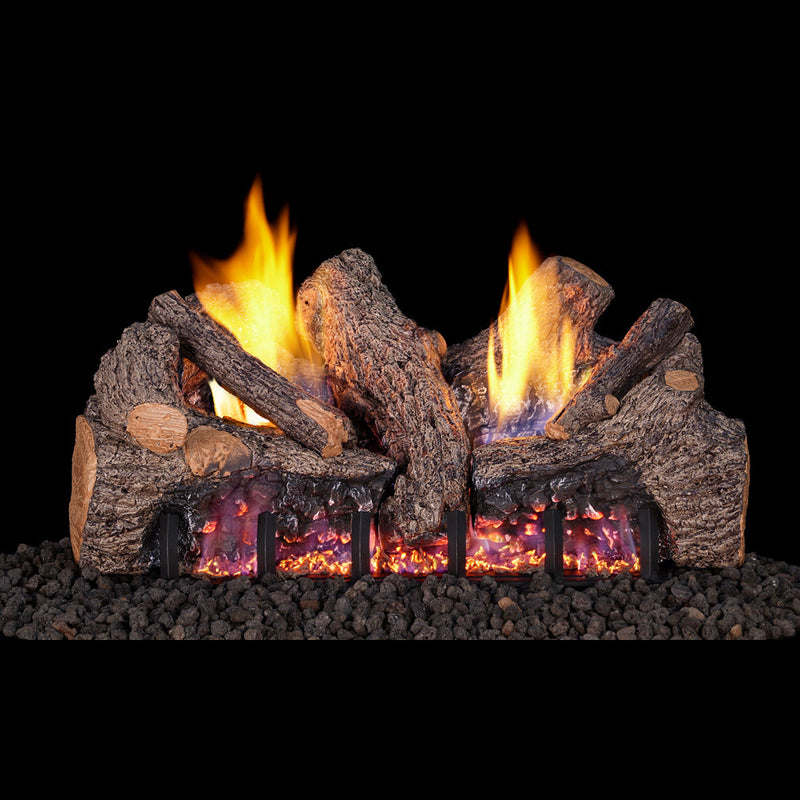 Real Fyre 24" Foothill Oak Ventless Gas Logs — original product reference. Arrangement and burner hardware vary by selected size and configuration.