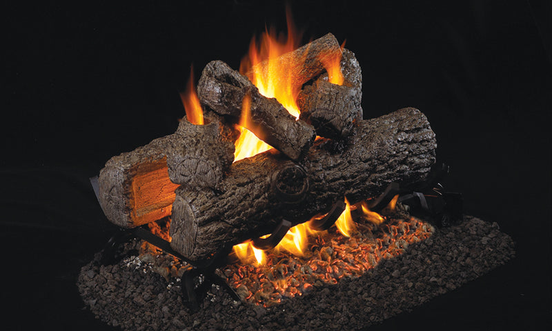 Real Fyre 18" Golden Oak See-Through Vented Gas Log Set — original product reference. Arrangement and burner hardware vary by selected size and configuration.