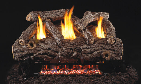 Real Fyre 24" Peterson Golden Oak Designer Refractory Ventless Gas Logs — original product reference. Arrangement and burner hardware vary by selected size and configuration.