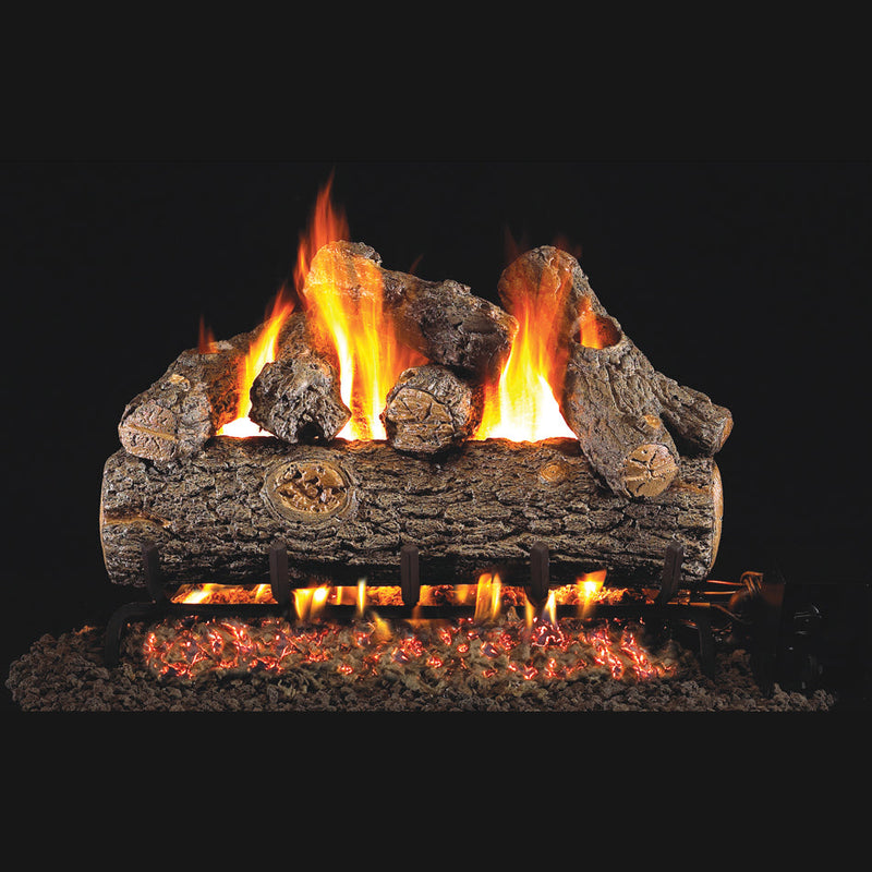 Real Fyre 24" Oak Designer Plus Vented Gas Log Set — original product reference. Arrangement and burner hardware vary by selected size and configuration.