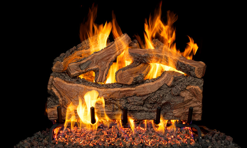 Real Fyre 18" Rugged Forest Split Vented Gas Log Set — original product reference. Arrangement and burner hardware vary by selected size and configuration.