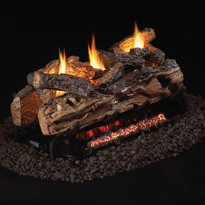 Real Fyre 24" Split Oak See-Through Ventless Gas Log Set — original product reference. Arrangement and burner hardware vary by selected size and configuration.