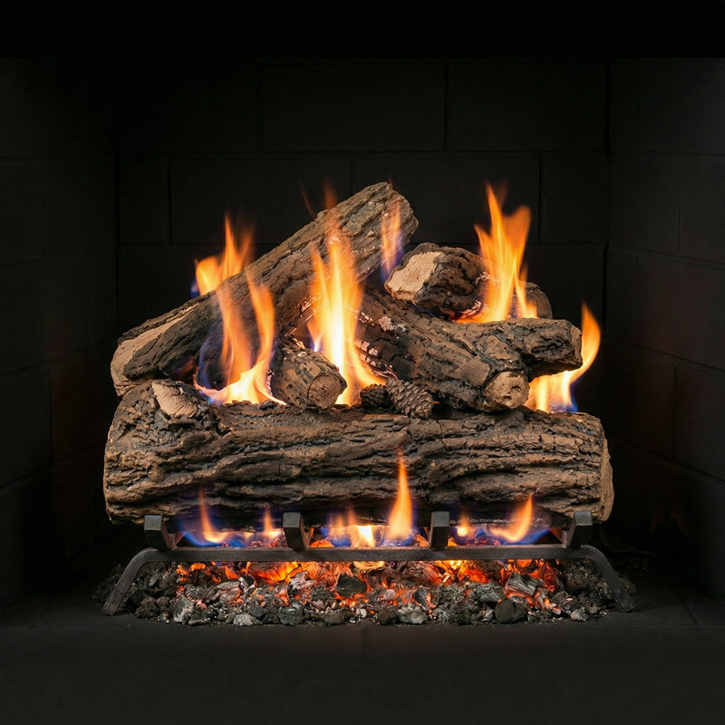 18" Country Oak Deluxe Gas Log Set with realistic ceramic logs in single-sided vented fireplace