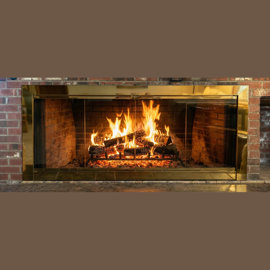 Reflection Custom Fireplace Doors / Opening Size 71 9/16" x 29 1/2" / Polished Brass / Simplicity Handles / Bi-Fold / 3 Sided Overlap