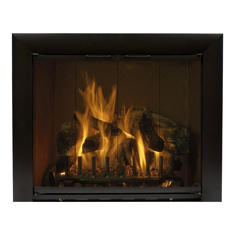 Reflection Fireplace Doors / Matte Black / Exact Size 40 1/2” x 25” / Simplicity Handle / Clear Glass / Bi-Fold Doors / Insulation / No Draft Control