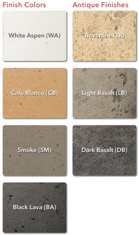 Seven manufacturer GFRC finish swatches; actual handcrafted finish may vary