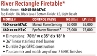 American Fyre Designs River Rectangle specifications and control options, manufacturer catalog excerpt
