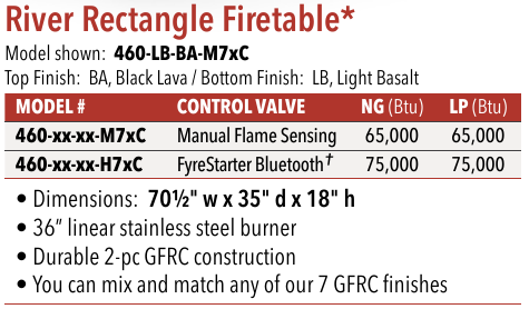 American Fyre Designs River Rectangle specifications and control options, manufacturer catalog excerpt