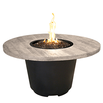 Silver Pine Cosmo round firetable with weathered finish and black lava base