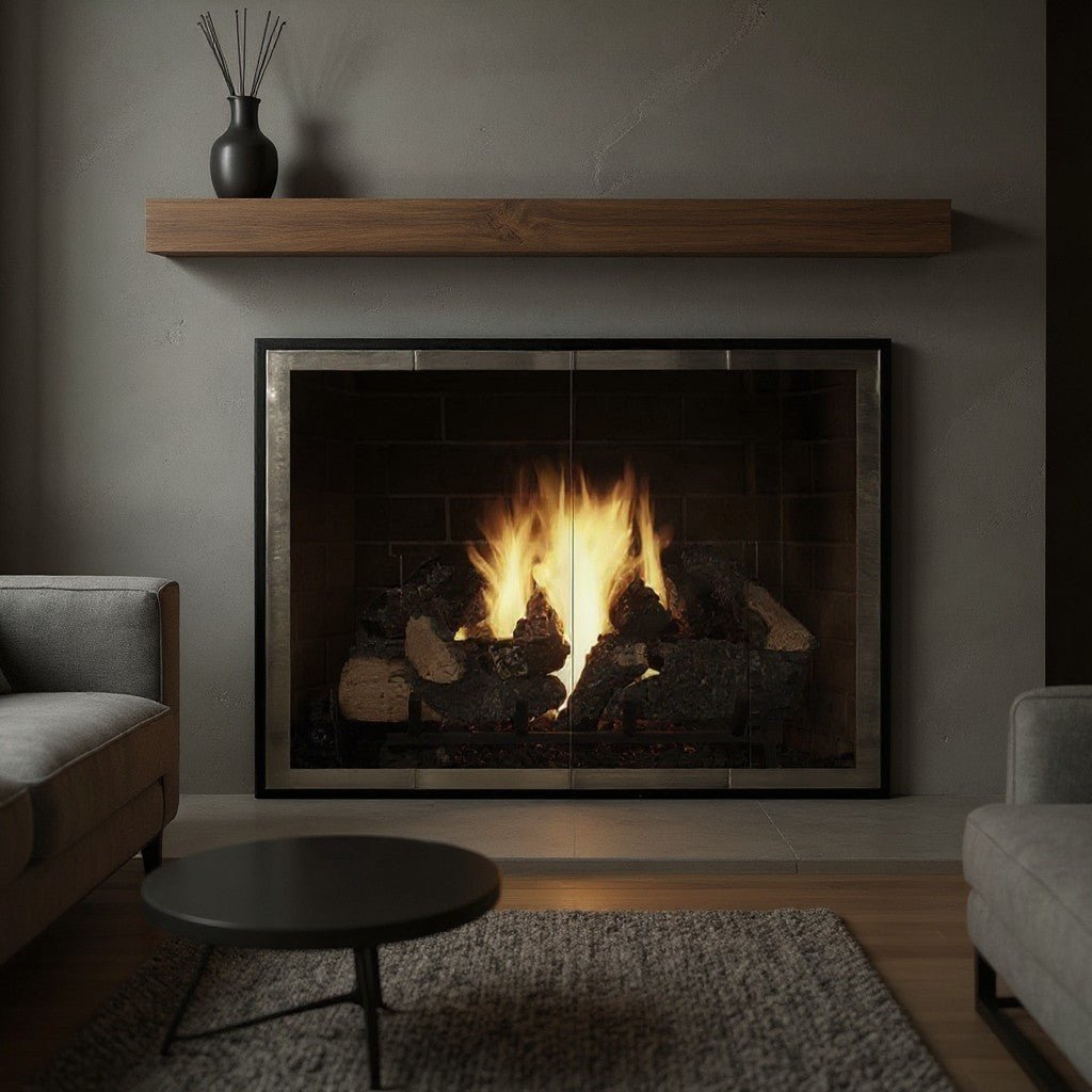 Modern slim masonry fireplace glass doors with active fire, black frame in contemporary living room