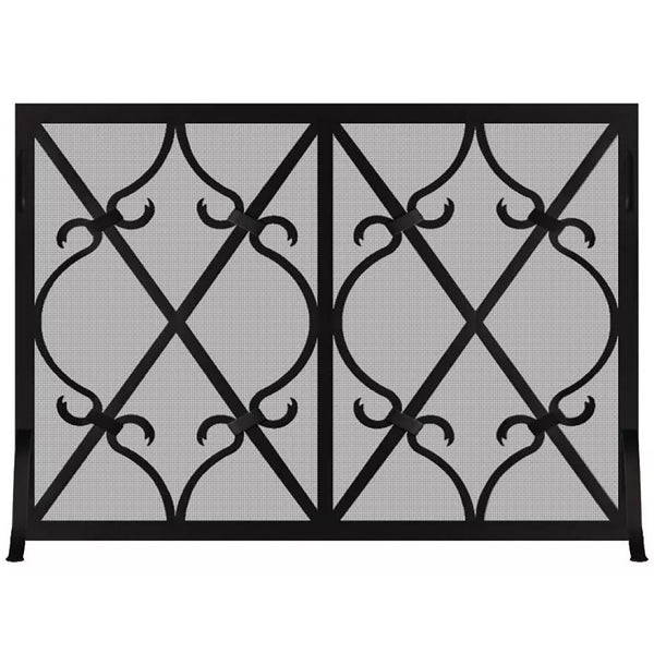Custom made steel fireplace screen with banded scroll design and heavy gauge mesh