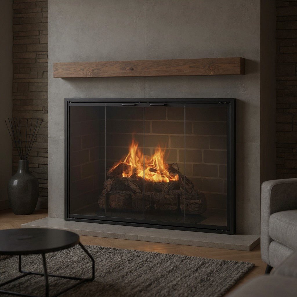 Modern Stiletto Fireplace Doors with glass panels installed on a masonry fireplace showing burning logs and fire.