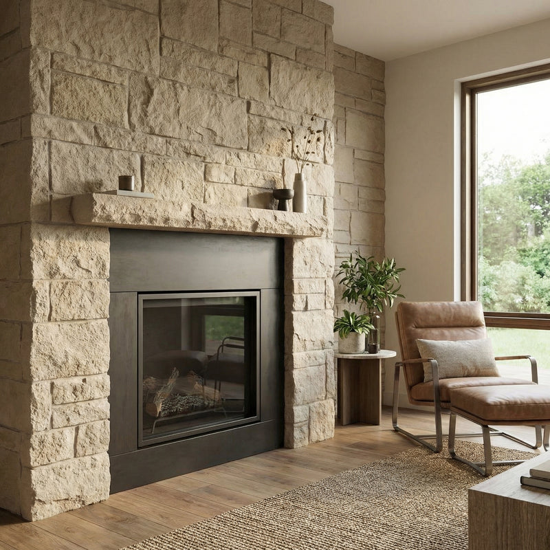 Rockface Stone Non-Combustible Concrete Mantel Shelf Turfway Tan Finish