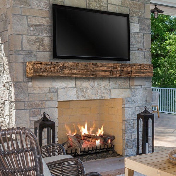 Tavern Timbered Beam non-combustible mantel shelf with fieldstone finish and hand hewn White Oak timber design