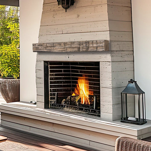 Tavern Timbered Beam non-combustible mantel shelf in River Rock finish made from reclaimed White Oak timber