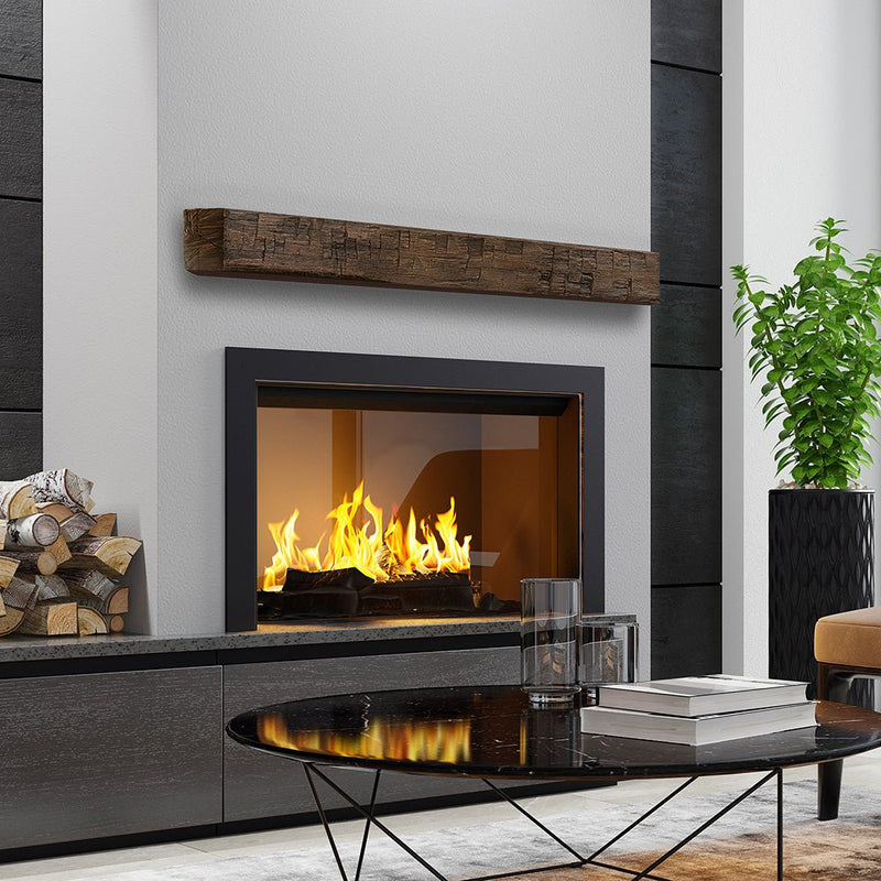 Tavern Timbered Beam non-combustible mantel shelf in Toasted Rye finish made from reclaimed White Oak timber