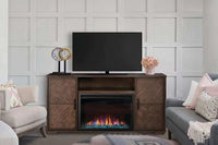 Hayworth Electric Mantel Package with mahogany finish, Cineview 30 Electric Firebox, customizable flame, 5,000 BTU heater, touch controls, and built-in media compartment.