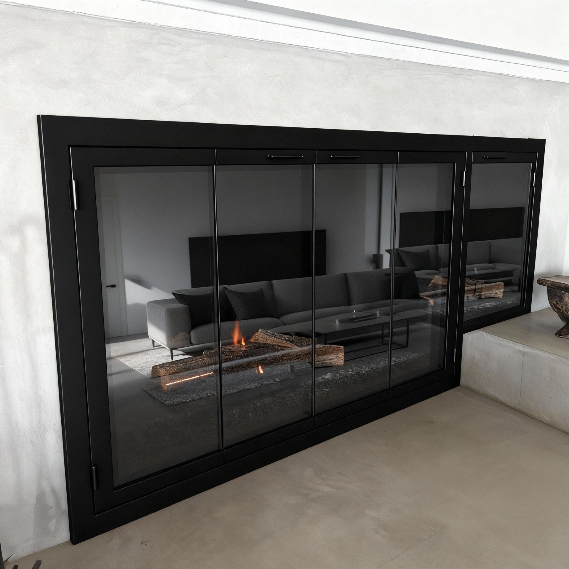 Legend Custom Fireplace Doors – Matte Black, Clear Glass, Bi-Fold, 3-Sided Overlap, Mesh Curtain + $430, Opening Size [See Drawing]